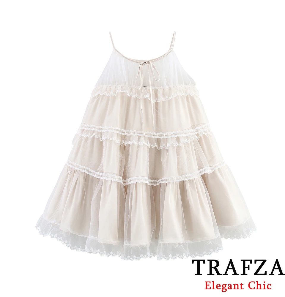 

TRAFZA Sweet Embroidered Fluffy Halter Dress Women's Sleeveless Short Dress 2025 Summer Ball Gown Party Birthday Dating Dress