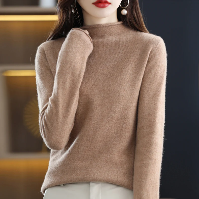 

Осень и зима, новый женский свитер из 100% шерсти, кашемира, пуловер с полувысоким воротником, вязаный мягкий свитер, свободный модный топ