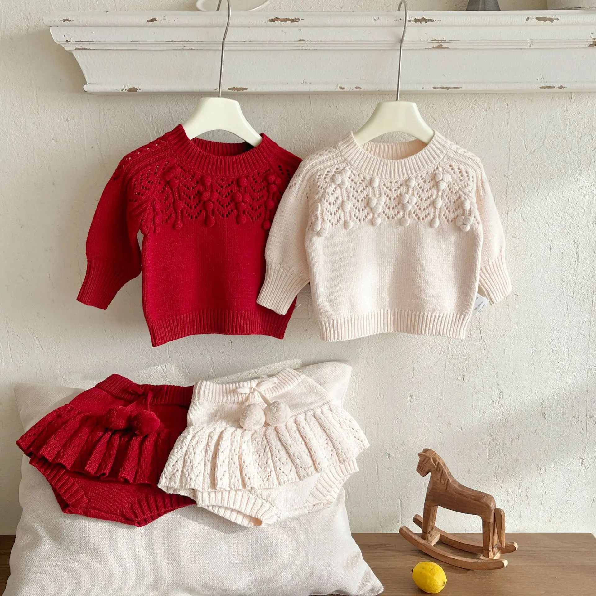 Baby Clothing Set 2026 Autumn Winter New Baby Knitting Suit Hand Hook Ball Sweater+Bubble Ball Skirt Pants