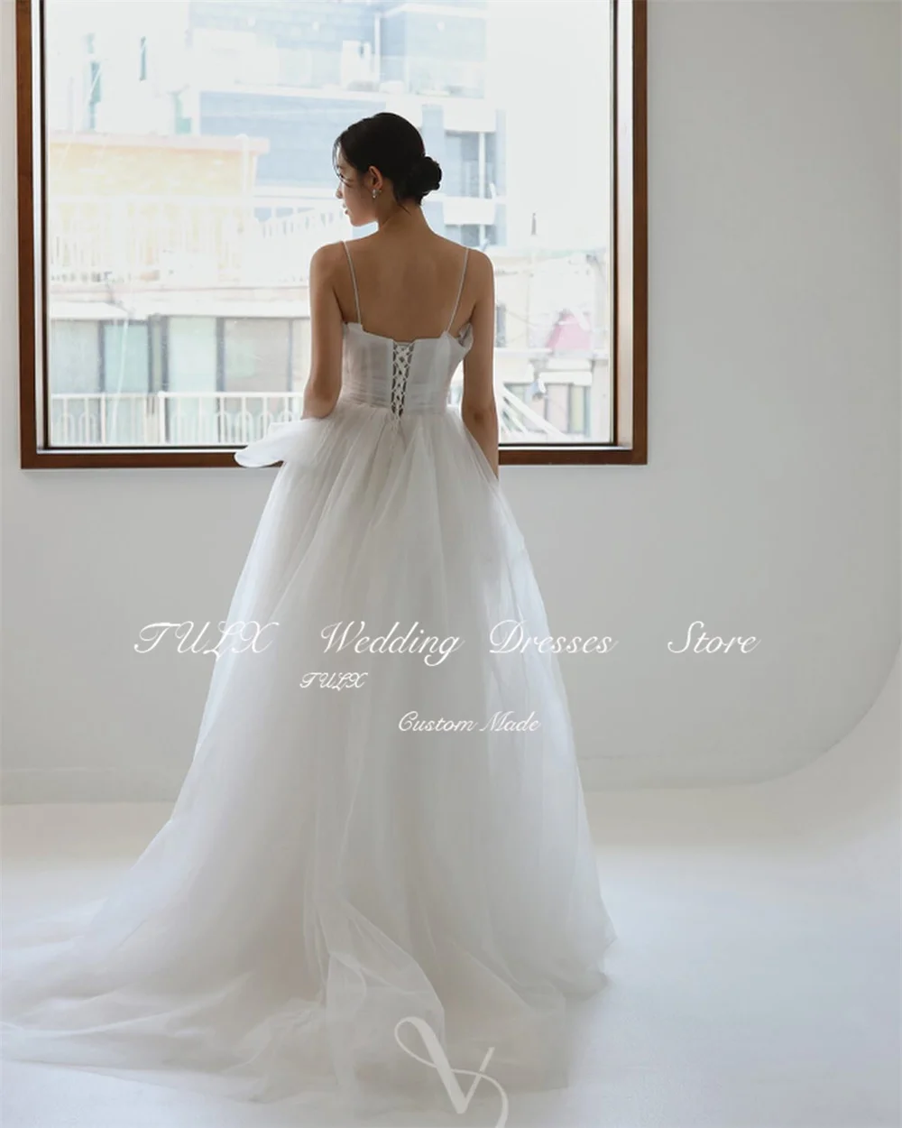 TULX Elegant Straps Strapless Pleat Korea Wedding Photo Shoot Dress 웨딩드레스 Tulle A Line Long Bridal Gown Corset Customized