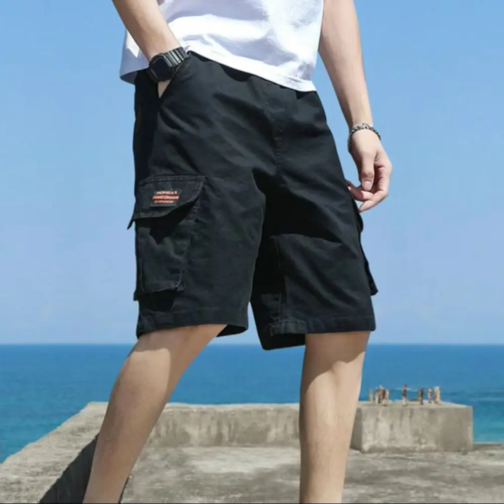 Men Cargo Shorts Loose Straight Multi Pockets Elastic Waist Casual Knee Length Deep Crotch Breathable Men Summer Sport Streetwea