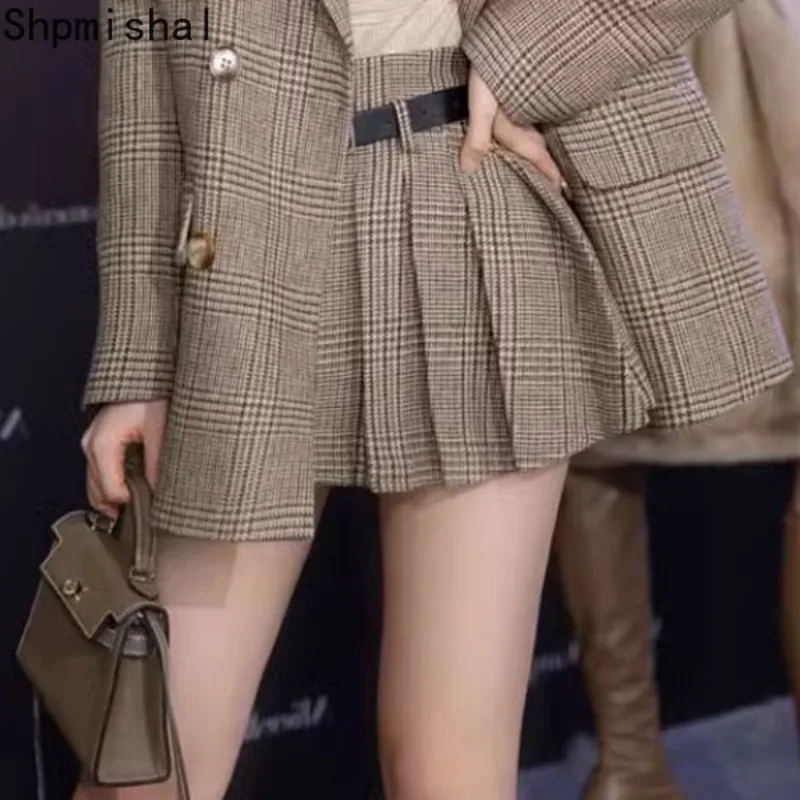 2023 Korean Fashion New Early Winter Loose and Casual Pleated Skirt British Suit Checkered Jacket Two-piece Set Female Clothing