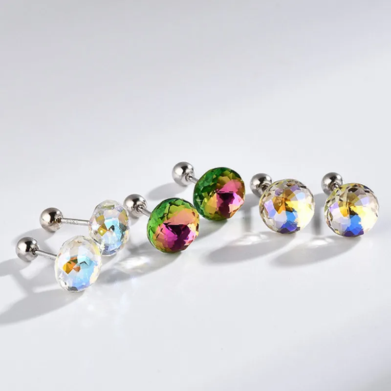 925 Sterling Silver Crystal Round Shape Color Stud Earrings for Girls Shiny Ear Bone Nail Screw Earring Ladies Luxury Jewelry