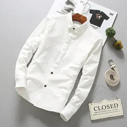 Solid Cotton Shirts Long Men Spring Autumn Linen Shirts Full Sleeve Slim Cotton Fashion Business Dress Shirt Men Clothes TS-183