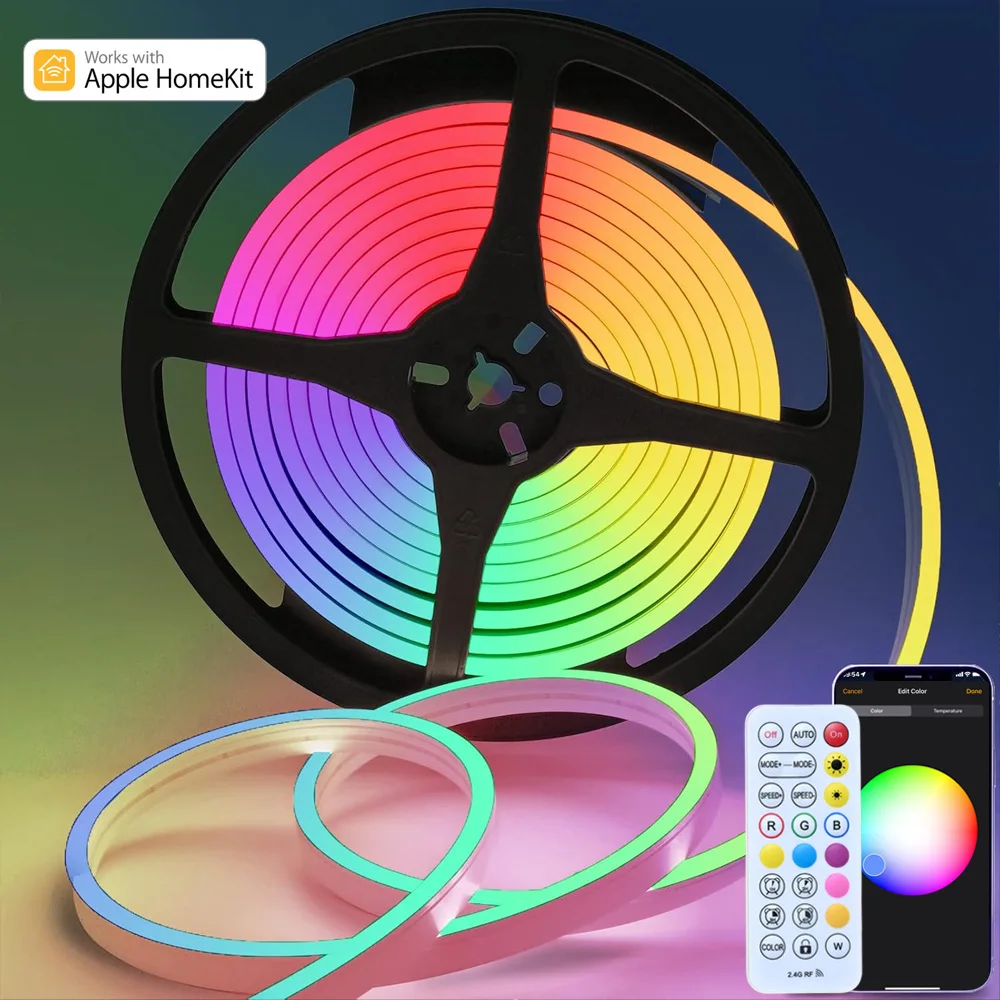 Homekit WiFi Neon RGB LED Strip Lights 1m 2m 3m 5m 12V Ściemnialna elastyczna lampa Dekoracja pokoju Pilot RF Siri Sterowanie głosowe