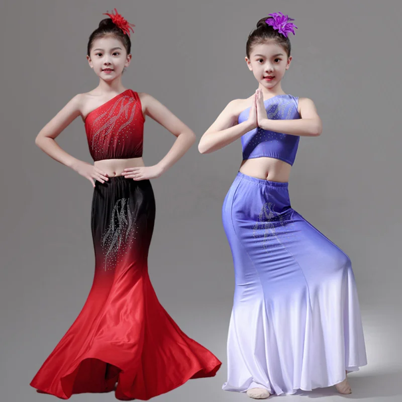 Child Dai Dance Costume Girls Peacock Fishtail Dress Performance Costume Kids Minority National Hmong Peacock Dancer Clothing
