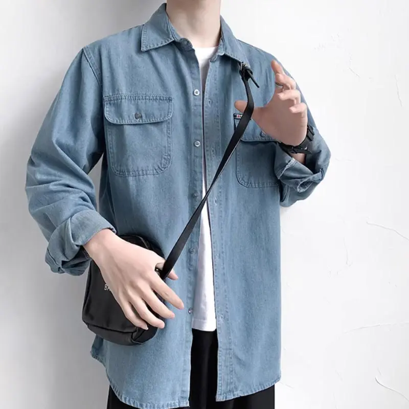 Japanese washed thin denim shirt, men\'s trendy loose fit plus size construction site electrician welding work clothes