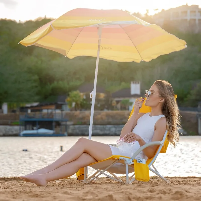 Beach Chairs for Adults with Umbrella and Cooler, High Back, Cup Holder & Carry Bag & Heavy Duty Compact Outdoor