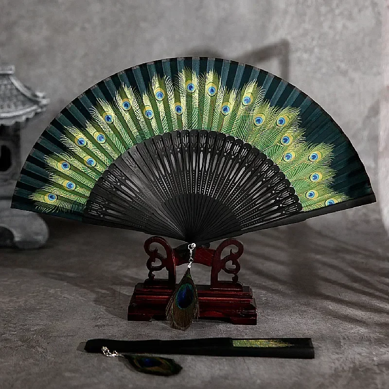 Chinese Style Peacock Fan Bamboo Fan Feather Classical Craft Female Dance Hanfu Pendant Retro Daily Use Ghatpot Silk Folding Fan