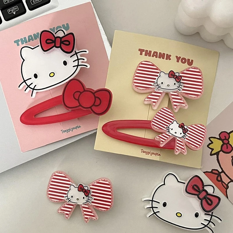 Cute Sanrio Hello Kitty Bow Hair Clip Cartoon Sweet Hairpin For Women Girls Versatile Side Clip Fashion Hair Accessories Gifts