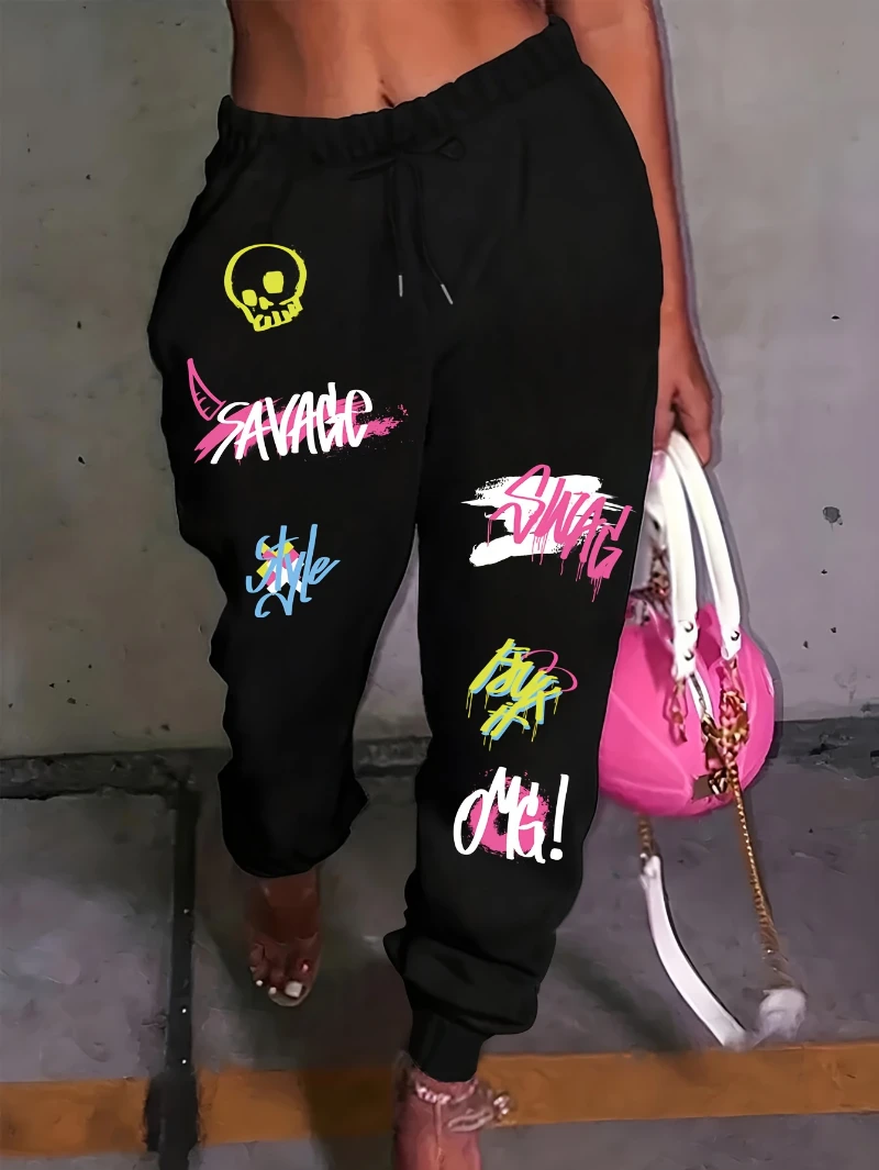 

Letter Print Fitted Bottom Jogger Pants, Casual Drawstring Pants for Spring & Fall, Women's Clothing