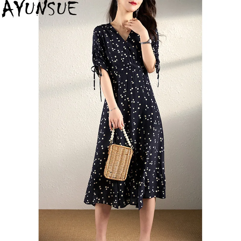 

AYUNSUE 100% Mulberry Silk Dresses for Woman Floral Black Dress Woman Vacation Style Summer Dresses 2026 Woman Clothes Платье
