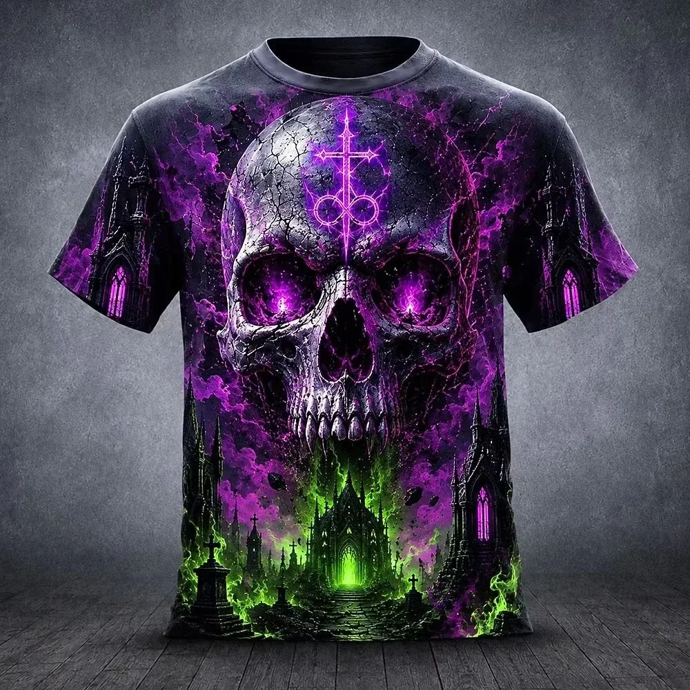 Fashion Men Horror Graphic Tee Fiery Floral Mysterious Skeleton Skull Print O‑Neck Short Sleeve Halloween Street Tops
