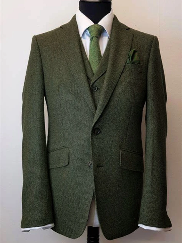 NEW Fashion Mens Tweed Suits High Quality Tweed Suit Dark Green Single Breasted Suits For Men Tailor-Made Mens Suit 3 Piece Slim