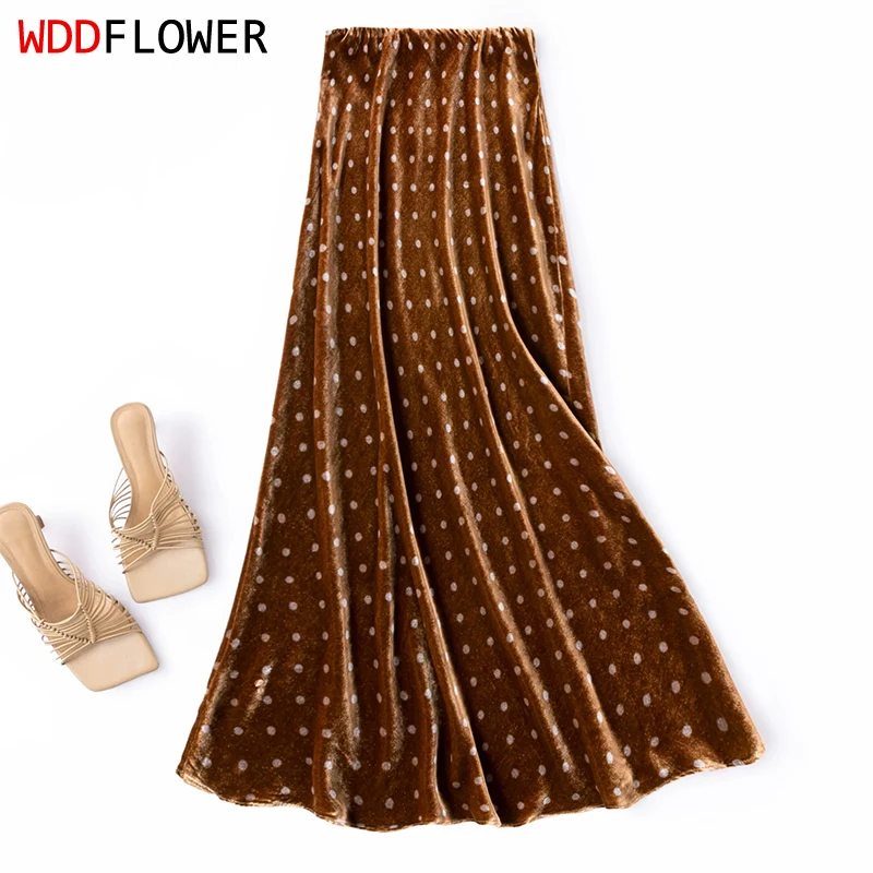 100% Mulberry Silk Lining Women Velvet Silk Midi Skirt Vintage Caramel Color Elastic Waist Chic Skirts Autumn M1771