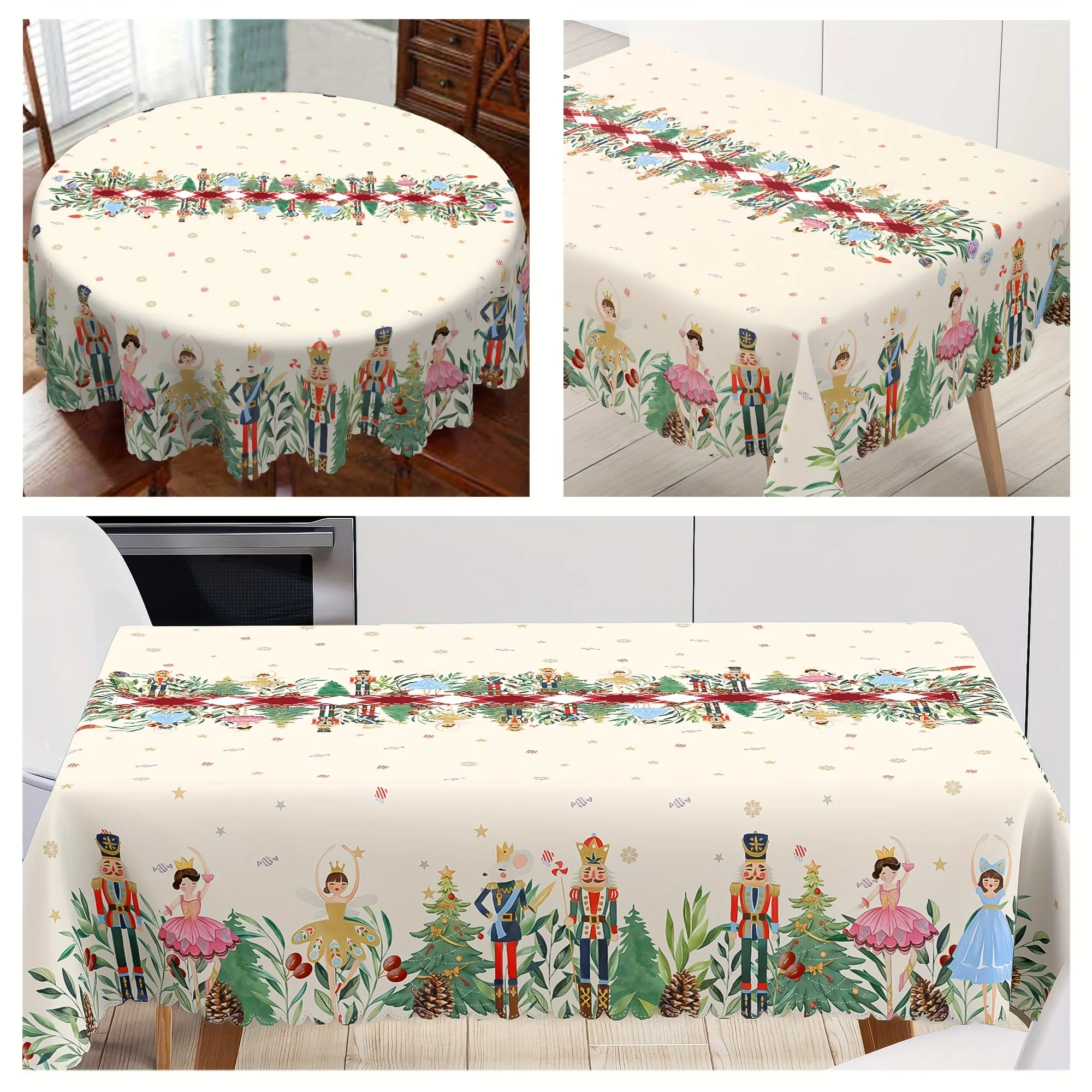 Christmas Nutcracker Plaid Tablecloths for Table Decor Winter Xmas Tree Pinecone Kitchen Dining Table Cloth Christmas Decoration