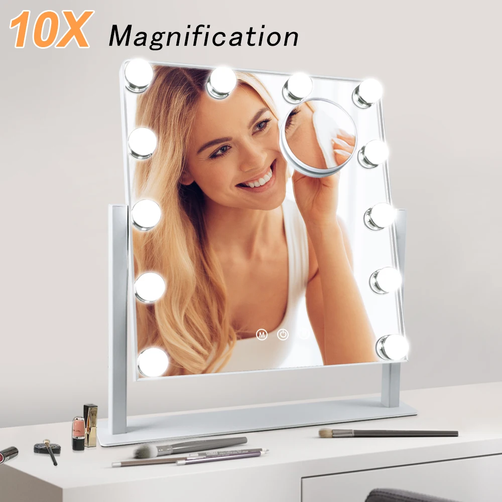 

Depuley Makeup Vanity Mirror 3 Color 12pc Dimmable LED Cosmetic Mirror 10X Magnification 360 Swivel Touch Control Silver/Black