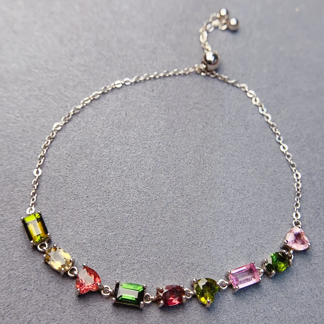 

4*6mm Natural Candy Color Tourmaline Bracelet, S925 Silver Gemstone Jewelry, Colorful Gift for Women