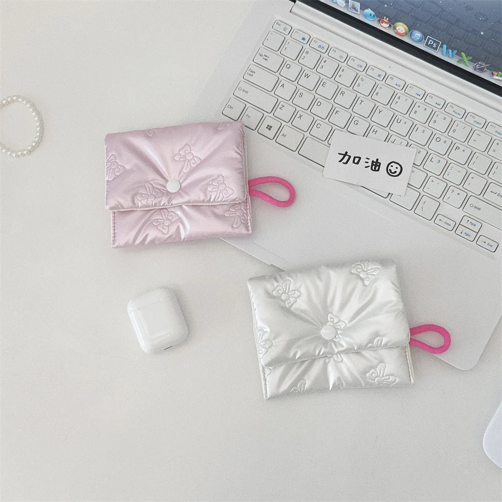 White Pink Lingge Bow Pattern Coin Purses Small PU Coin Wallet Women Girls Earphone Key Money Storage Bag Sanitary Zipper Pouch