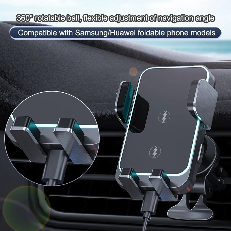 Air outlet aluminum alloy dual coil 15W fast charging phone holder with 360 degree rotation for car phone holder