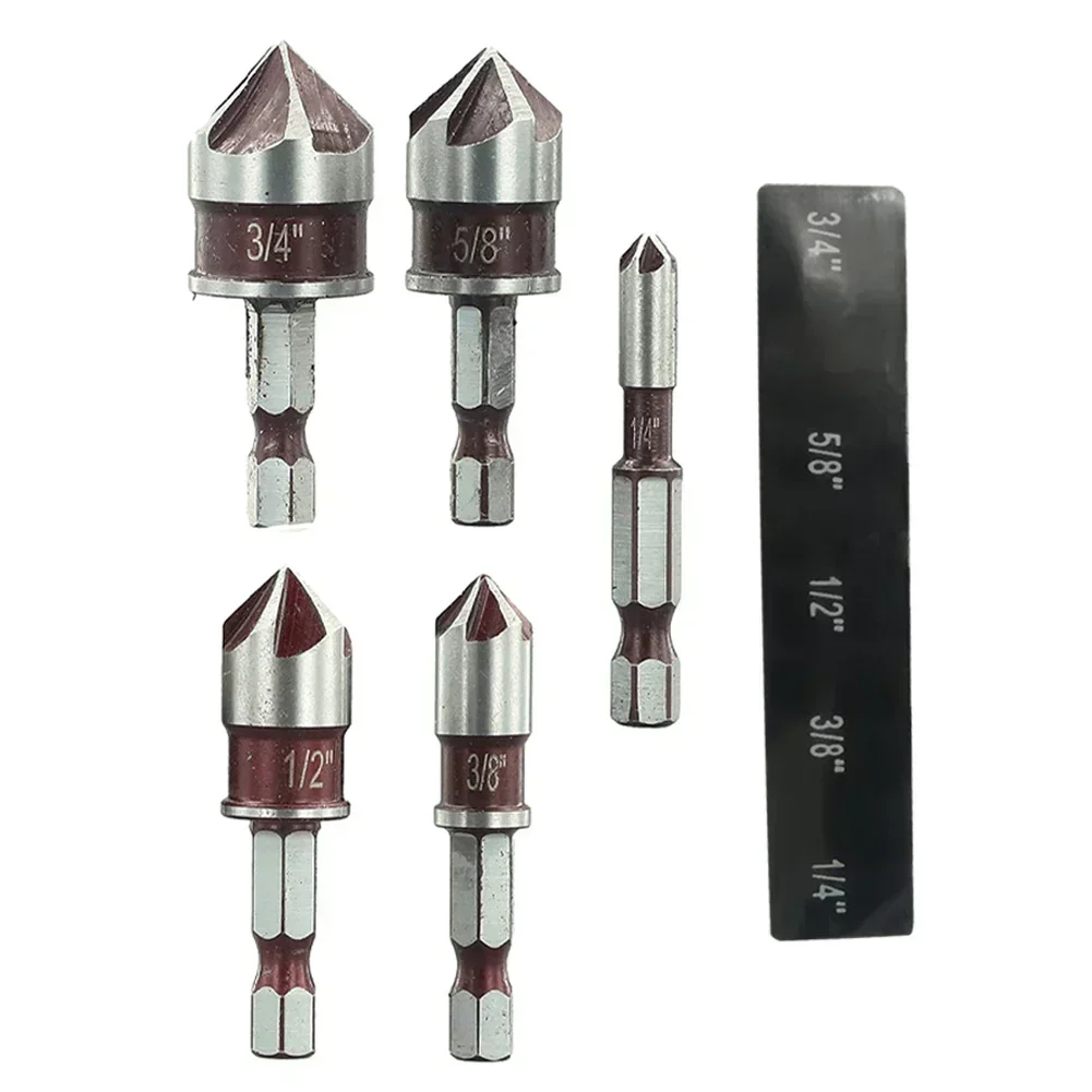 

5pcs 5 Flute Countersink Drill Bit 82degree 1/4 Hex Shank 1/4 3/8 1/2 5/8 3/4 For Plywood Metal Softwood Hardwood Drilling Tools