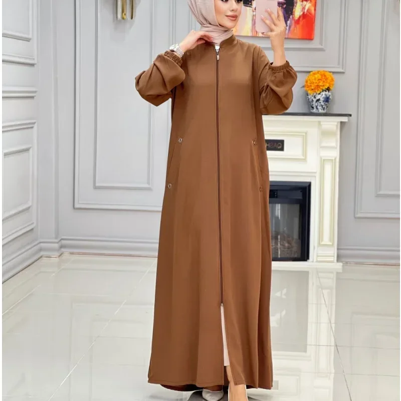 Abaya with Zipper Front Stand Collar Abayas for Women Dubai Luxury Kimono Muslim Hijab Dress Turkey Islam Prayer Clothes Kaftan