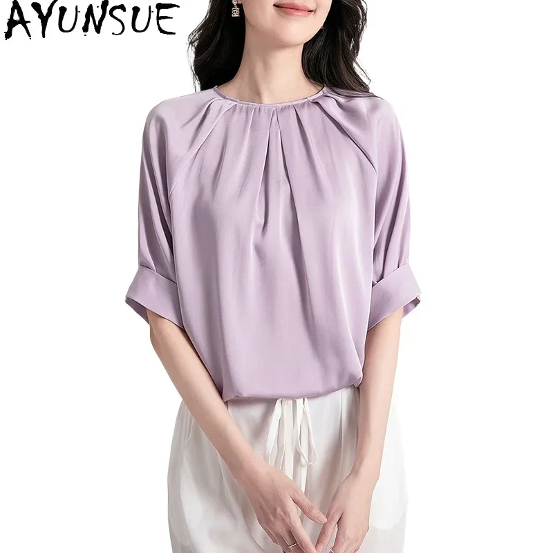 AYUNSUE 100% Real Mulberry Silk T Shirts for Woman Fashion 2024 Casual Tops Summer Women Clothing Essentials Solid Top Camisetas