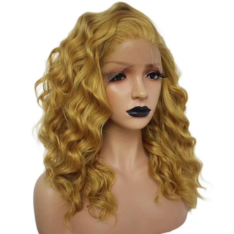 Ginger Yellow Long Wavy Hair Stylish Wavy synthetic Lace Front Wig Heat