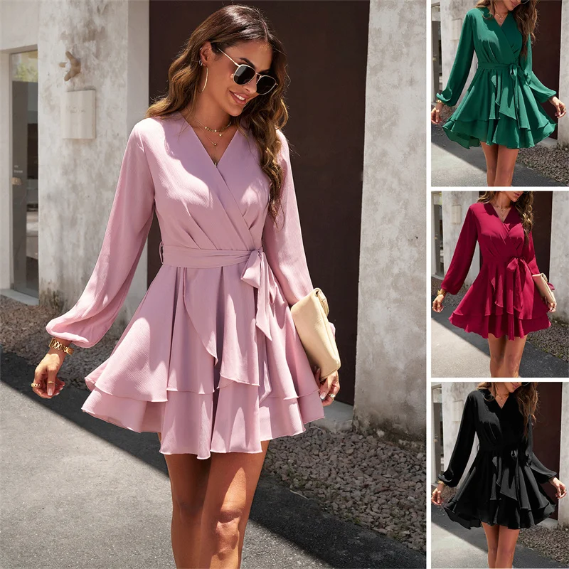 

2024 Elegant Women's Long Sleeved Dress Spring Summer Solid V-neck Flounce Belt Short Dress Female Sexy Beach Vacation Dresses