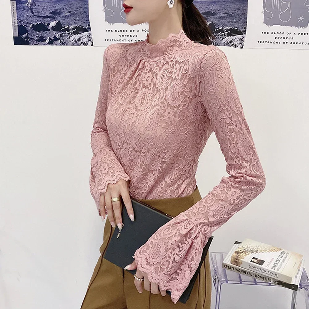Elegant Turtleneck Ruffles Hollow Out Lace Blouse Women Clothing Paisley Lace T Shirts Pullovers Flare Sleeve Office Lady Top