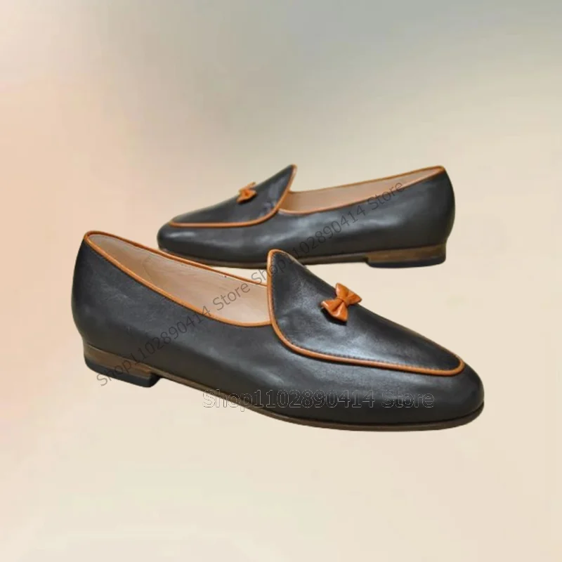 

Orange Bow Knot Decor Brown Leather Penny Loafers Fashion Slip On Men Shoes Luxury Handmade Party Feast Office Men Dress Shoes