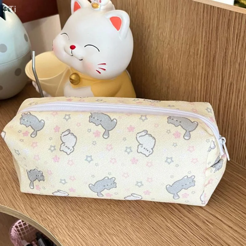Simple Cute Cartoon Cat Pattern Pencil Case Portable Stationery Organizer Pouch Kawaii Girls School Supplies Makeup Storage Bag