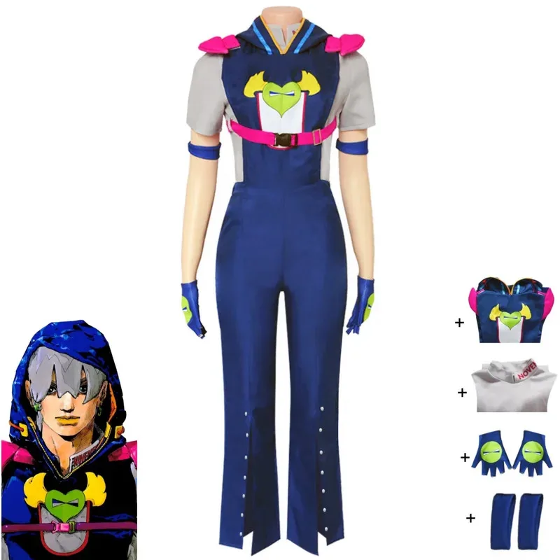 Anime The JOJO Lands Jodio Joestar Cosplay Costume Hooded Blue Jumpsuits Rompers T-shirt Adult Man Halloween Christmas Suitx;8's