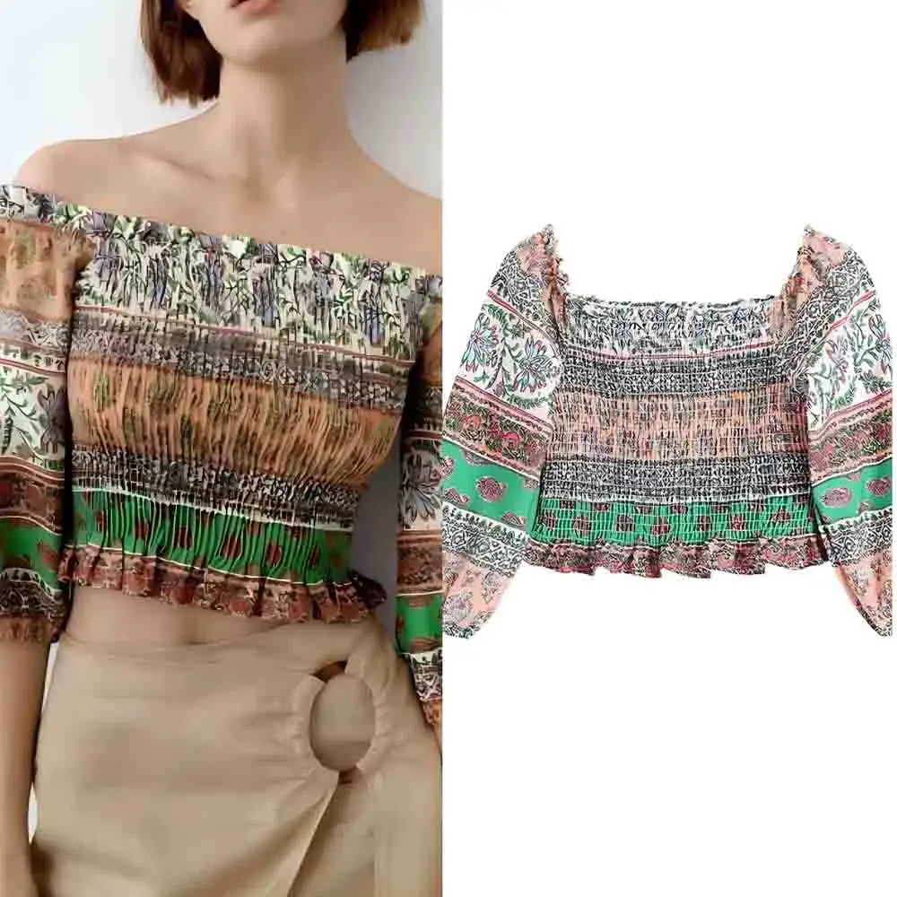 

Women's Summer new fashion short Off Shoulder linen blend printed top retro short sleeved women's pullover chic top