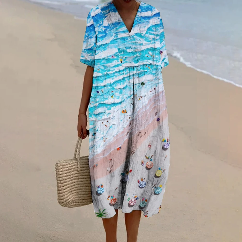 Summer Beach Print Short Sleeve Shirt Dress Fashion Ladies Fluffy Linen Dress V-Neck Loose Casual Beach Dress