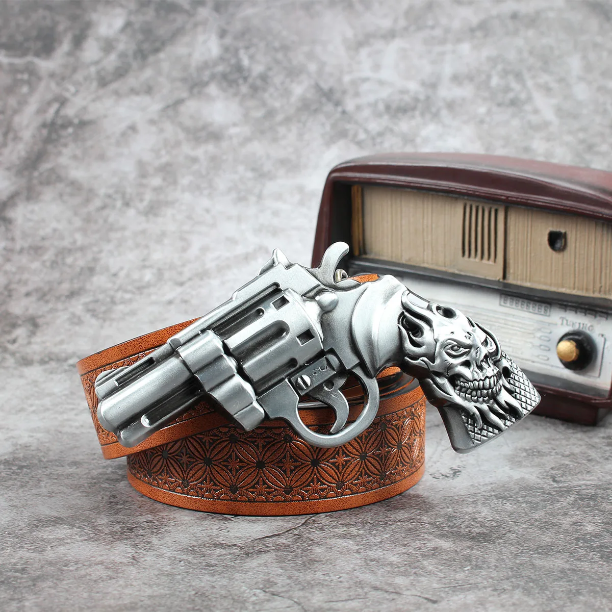 Ghost faced pistol3.7cm wide men's and women's Western bull head denim style bull scalprendy belt smooth buckle