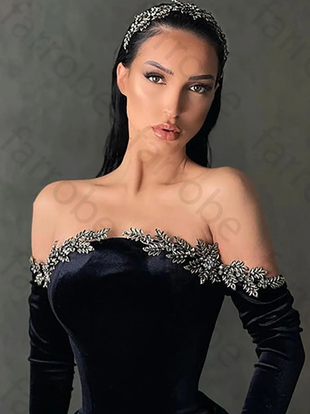 Customized Vestidos De Fiesta Sexy Black Off The Shoulder Prom Dress Long Sleeves Appliques High Slit Evening Party Club Formal