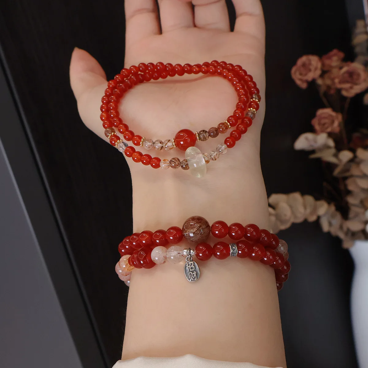 Natural Red Agate Double Loop Beaded Bracelet Women Crystal & Runner Ring Charm Elastic Stretch Wristband Fashion Hand Jewelry