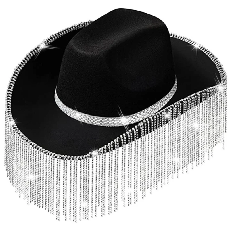Cappello da Cowgirl per cappello da Cowboy per adulti con strass cappelli da Rave con frange adatti alla maggior parte delle donne per la festa a