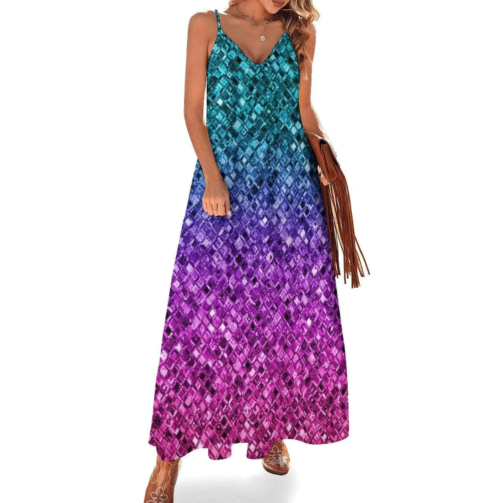 

Teal Purple Pink Gradient Faux Sparkly Sequins Sleeveless Dress dress for woman Party dresses for women summer women's suit