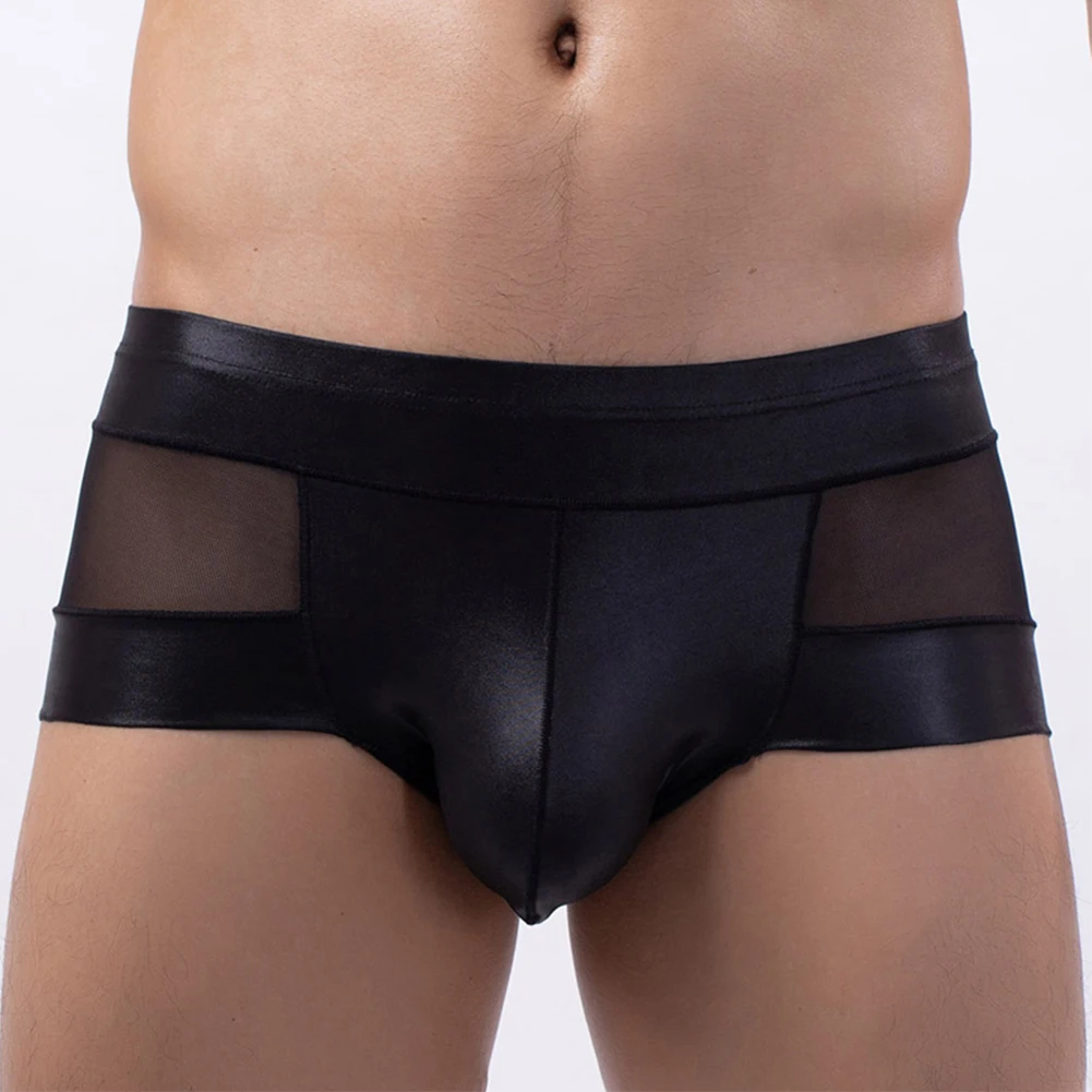 

Men Trunks Sexy Mesh Splice Leather See-Through Shorts U Convex Pouch Briefs Passion Underwear Knickers Slip Homme