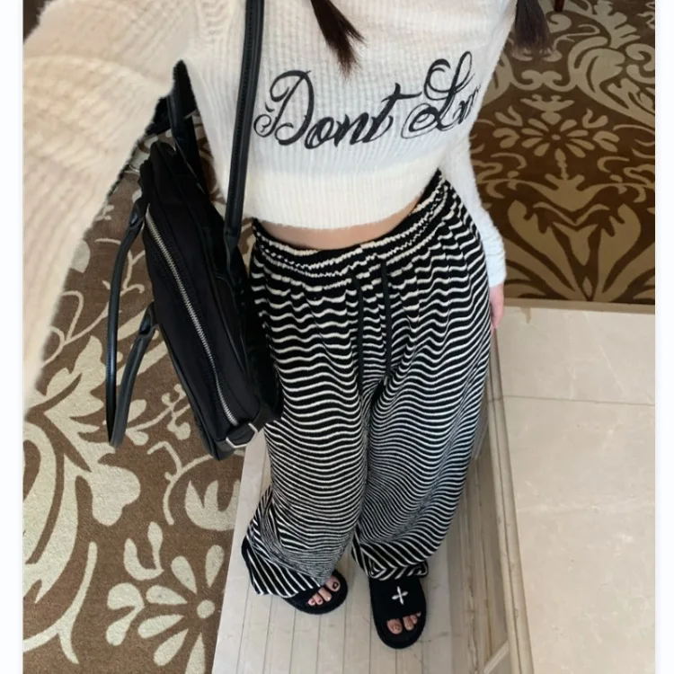 

Полосатое полотенце для женщин, свободные драпированные брюки с высокой талией, прямые широкие брюки, повседневные брюки длиной до пола