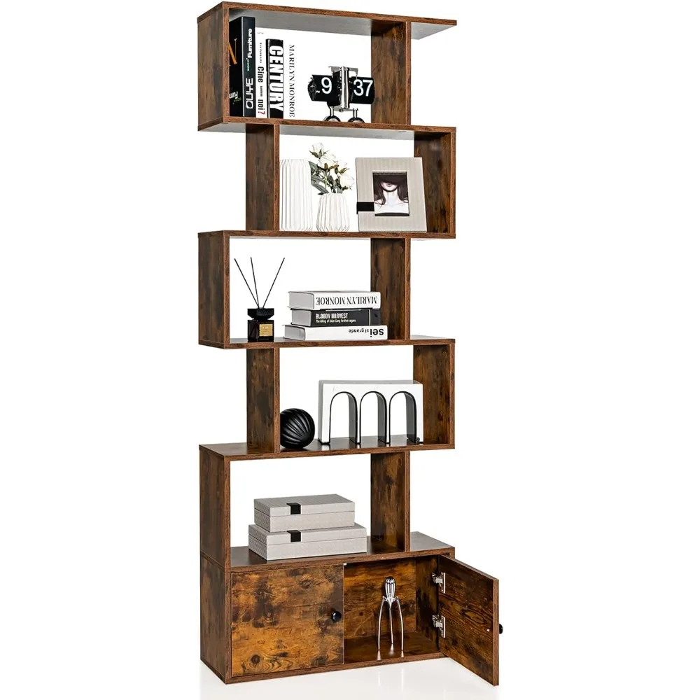 

S Shaped Bookshelf with Cabinet, 6-Tier Bookcase with Doors, Freestanding Geometric Bookshelves for Living Room, Anti-toppling