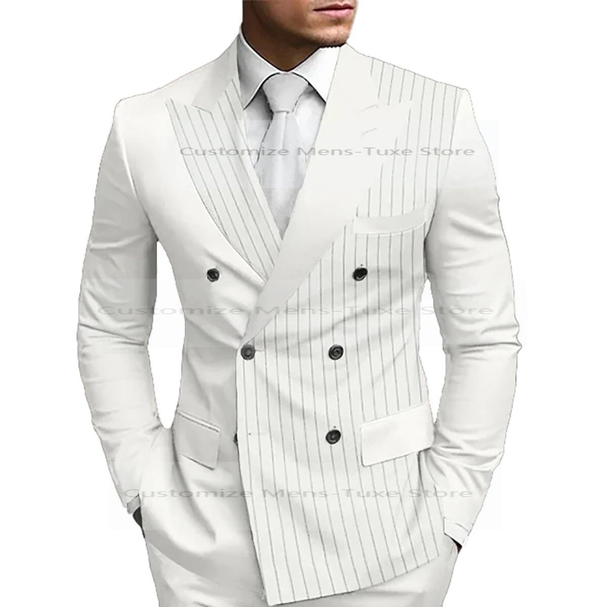 

Striped Men Suits Regular Fit Peak Lapel Formal Tuxedos Dinner Double Breasted