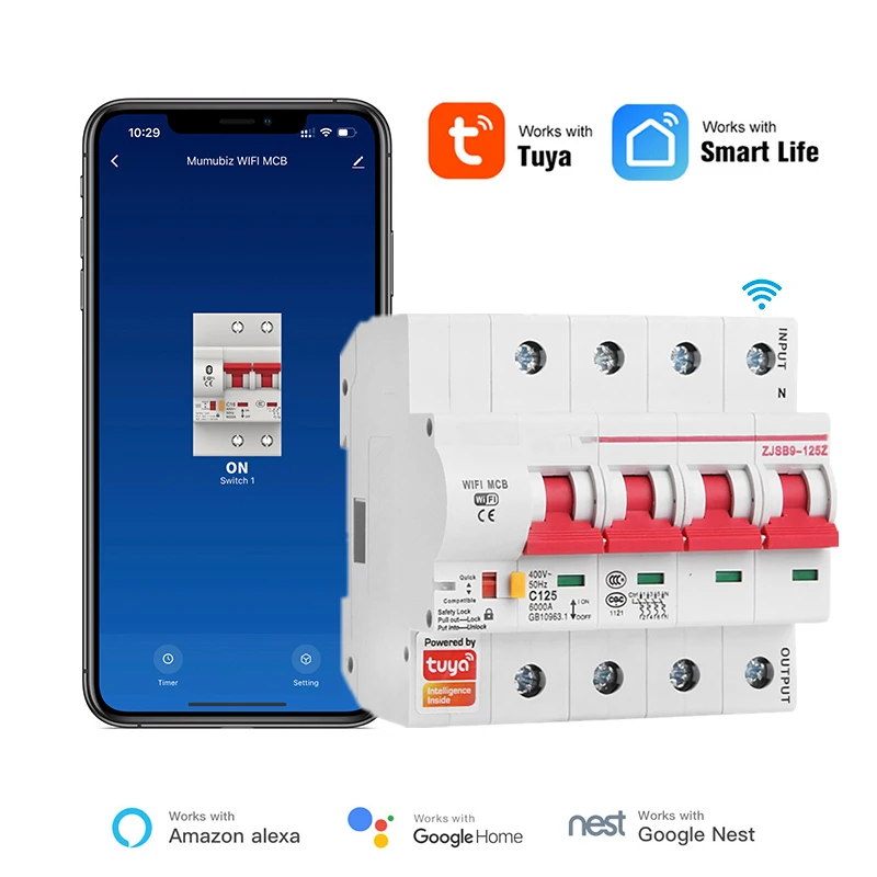 

Tuya Smart Life 63A 4P WiFi Smart Circuit Breaker Перемикач моніторингу живлення Дистанційне керування Автоматичний MCB 16A-125A Smart Switch