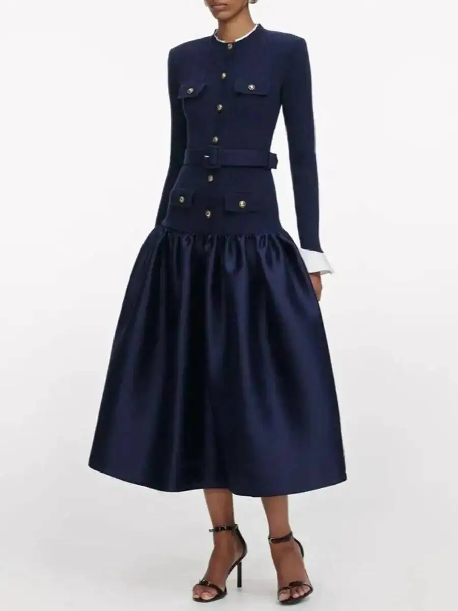 TLXT ファッション レディース フレンチスタイル 無地 エレガント 細見え ワンピース 長袖 ハイウエスト スプライスボタン シックドレス 2026春新作