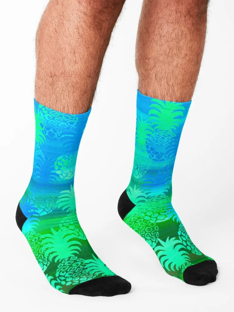 Pukana Hawaiian Pineapple Sunset Blend - Leaf green and ocean blue Socks bright garter FASHION football Woman Socks Men's