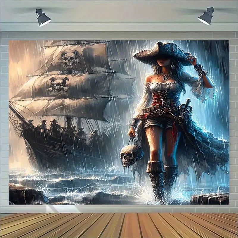Macabre Pirate Skull Ship Tapestry Wall Hanging Gothic Fantasy Decor Haunted Sea Siren Queen Polyester Large Art Mural  Bedroom