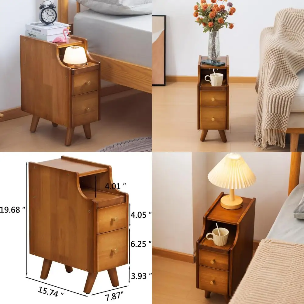 

Compact Walnut-Toned Wooden Nightstand for Tight Spaces and Couch Areas, 7.87 inches Wide
