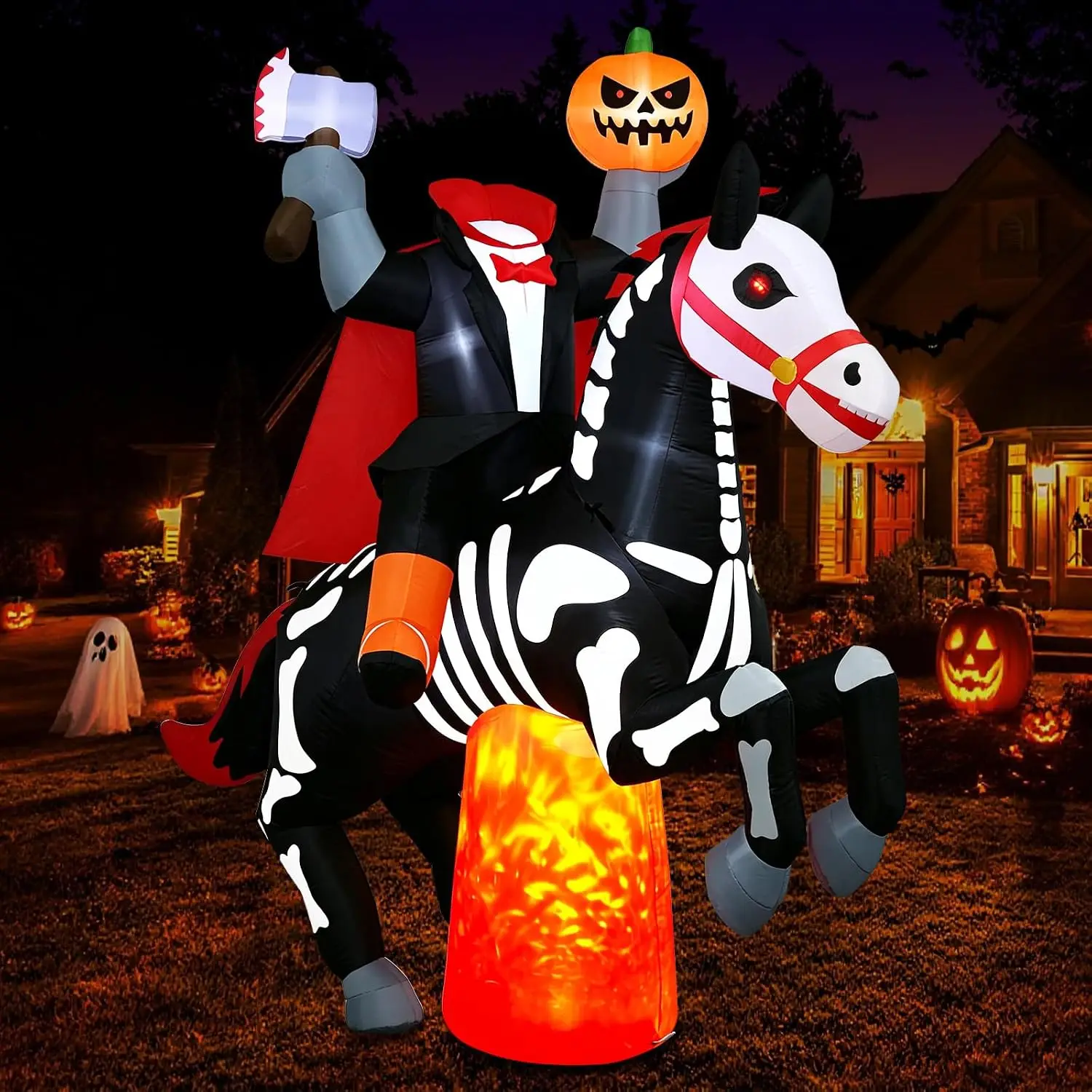 Halloween Inflatables Giant 8Ft Tall Headless Horseman Day of The Dead Outdoor Decoration, Pumpkin Knight with Horse Blow Up Yar